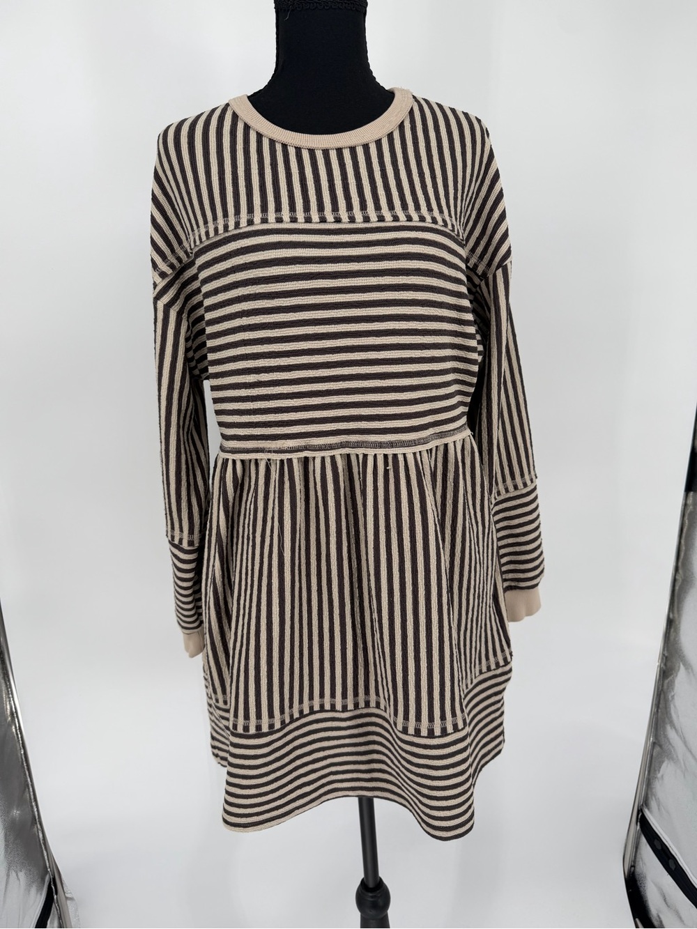 Vintage Striped Long-Sleeve Knit Kids Dress in Beige and Black